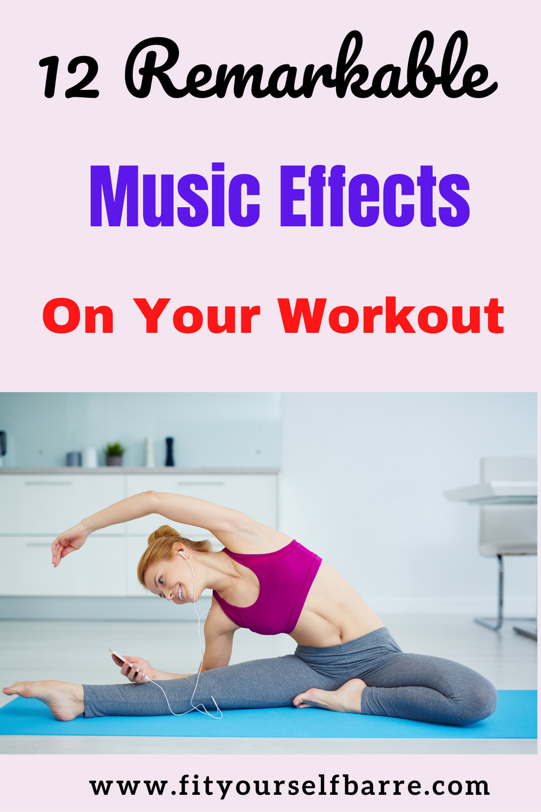 music effects-Happy young woman stretching on a mat while enjoying her favorite music