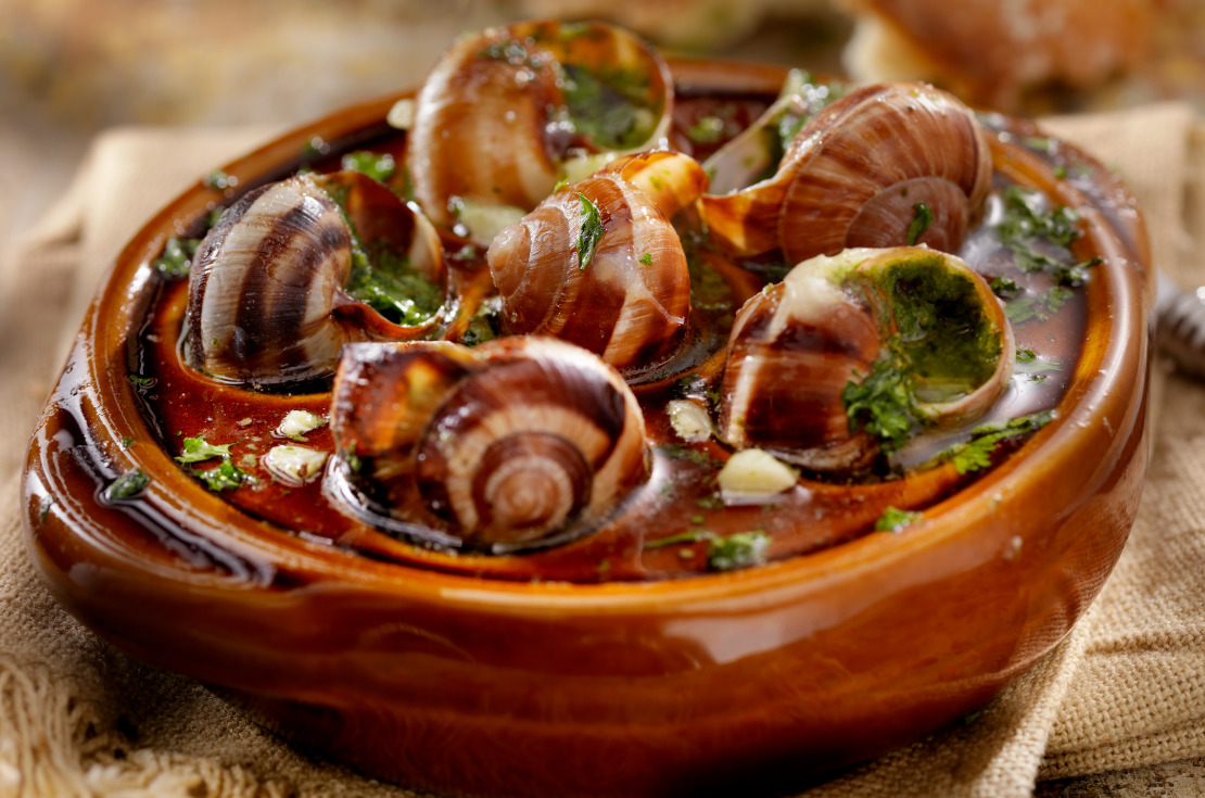 bizarre french Christmas food- escargots in a garlic, white wine, parsley, and butter sauce