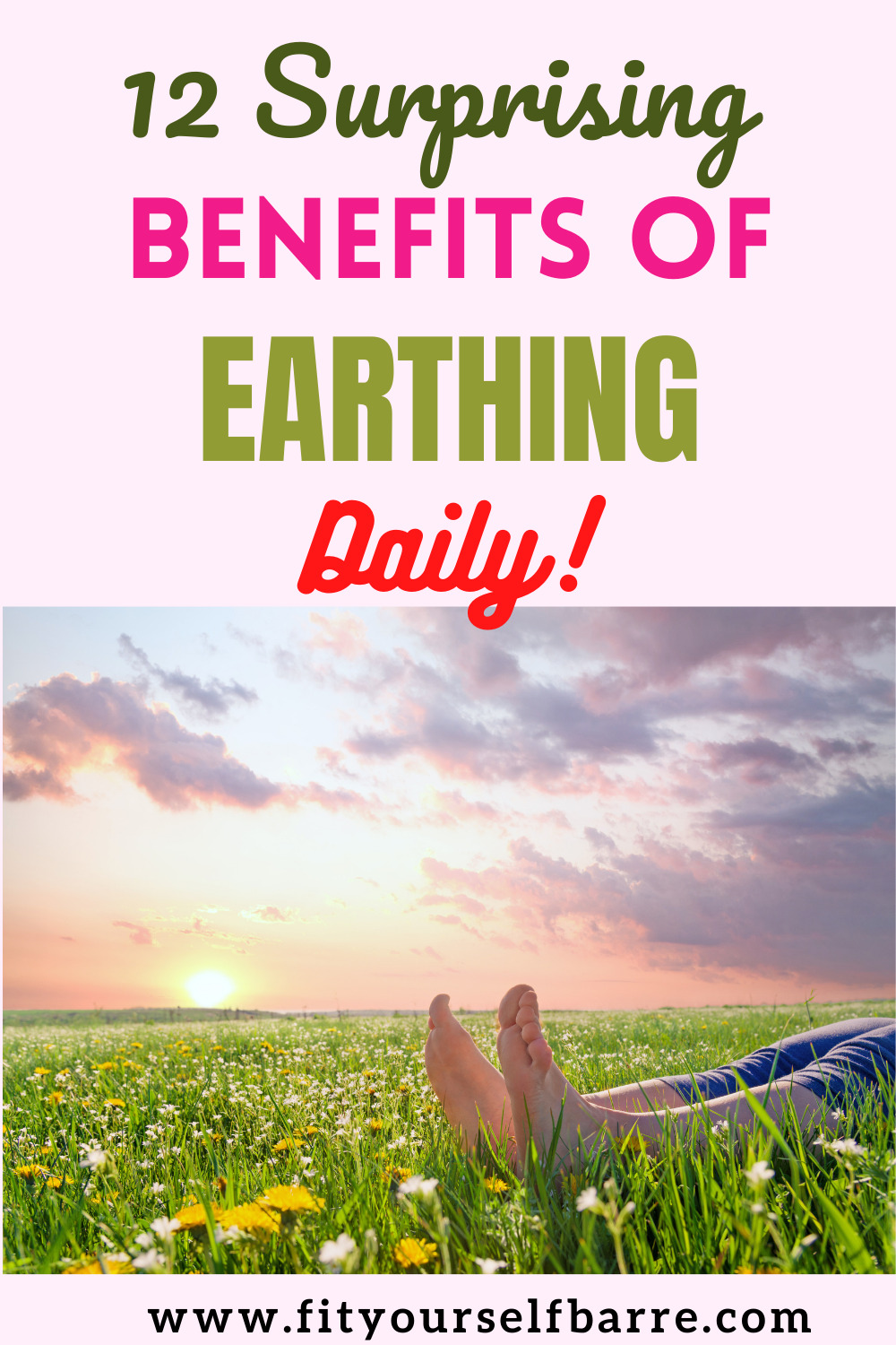 Health benefits earthing-a man lying bare feet on spring grass and bed of flowers
