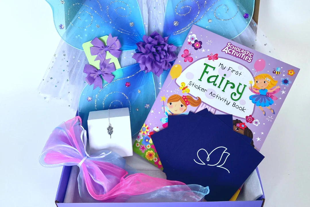 Ballet lovers gift ideas-ballet box for kids with a fairy sticker activity book-a necklace-fairy costume wings