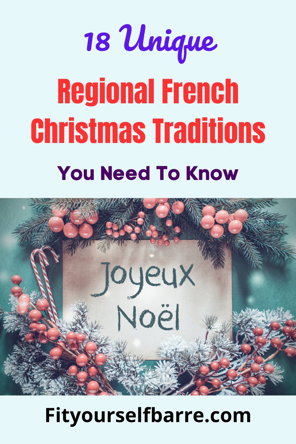 regional Christmas traditions in France-French text on brown paper-Christmas garland with fir tree branch and pink decoration-greenish background