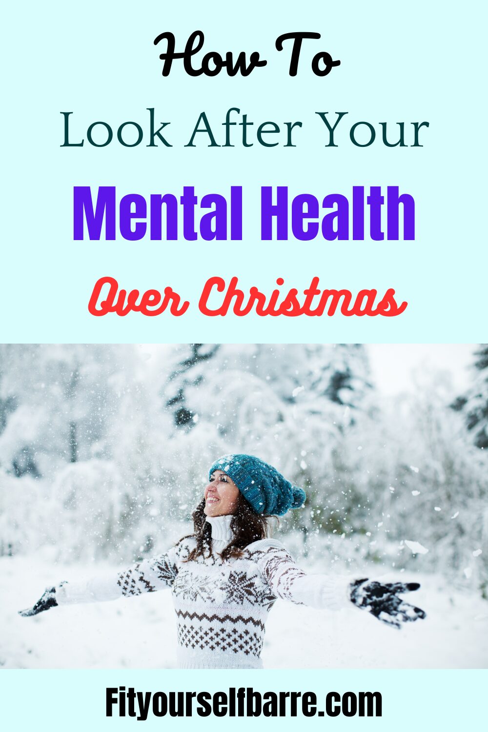 Christmas Mental health tips-woman playing with snow in winter forest