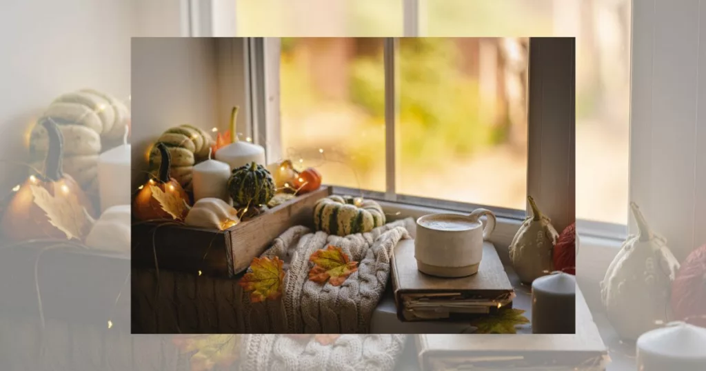 Cozy French-style fall atmosphere-mug of coffee next to the window with candles, pumpkins, book, fall leaves and warm blanket