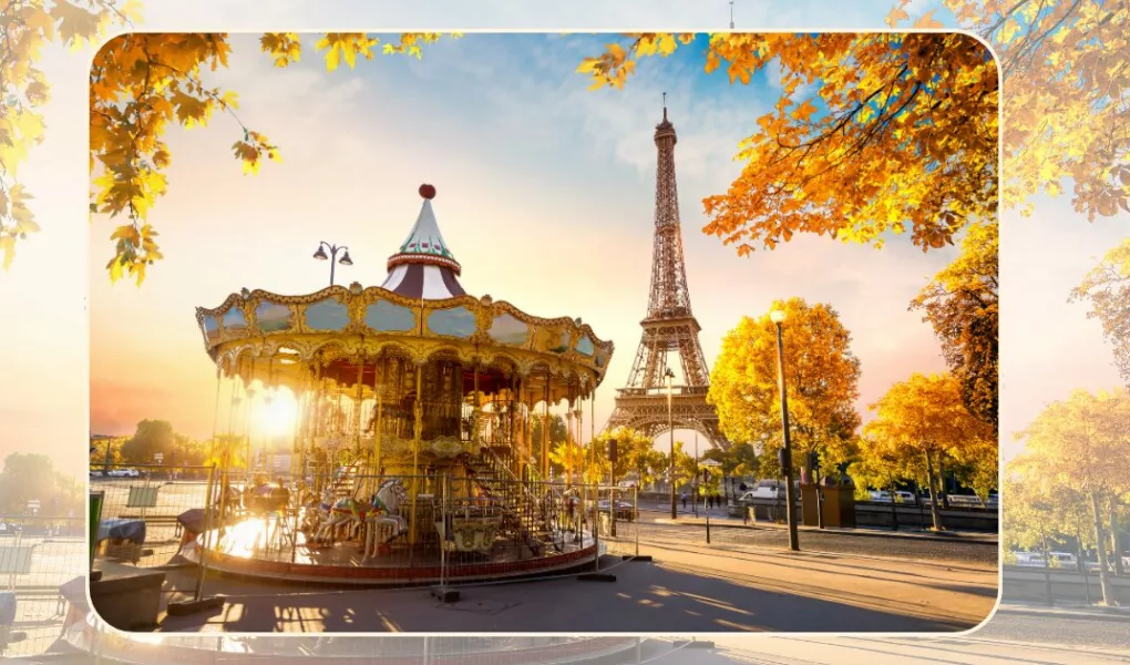 carousel in a park near the eiffel tower in paris during fall season