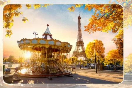 carousel in a park near the eiffel tower in paris during fall season