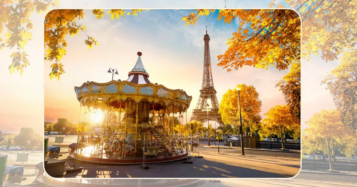 carousel in a park near the eiffel tower in paris during fall season