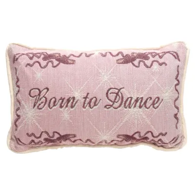 a pink tapestry pillow perfect for ballet friends with born to dance written on it