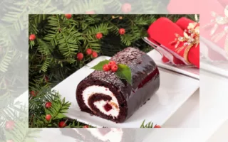 traditional french yule log dessert with christmas decor background